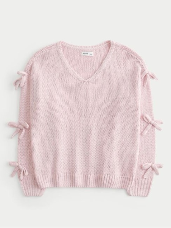 Hollister Sweaters - Hollister Pastel Pink V-Neck Sweater with Sleeve Bows